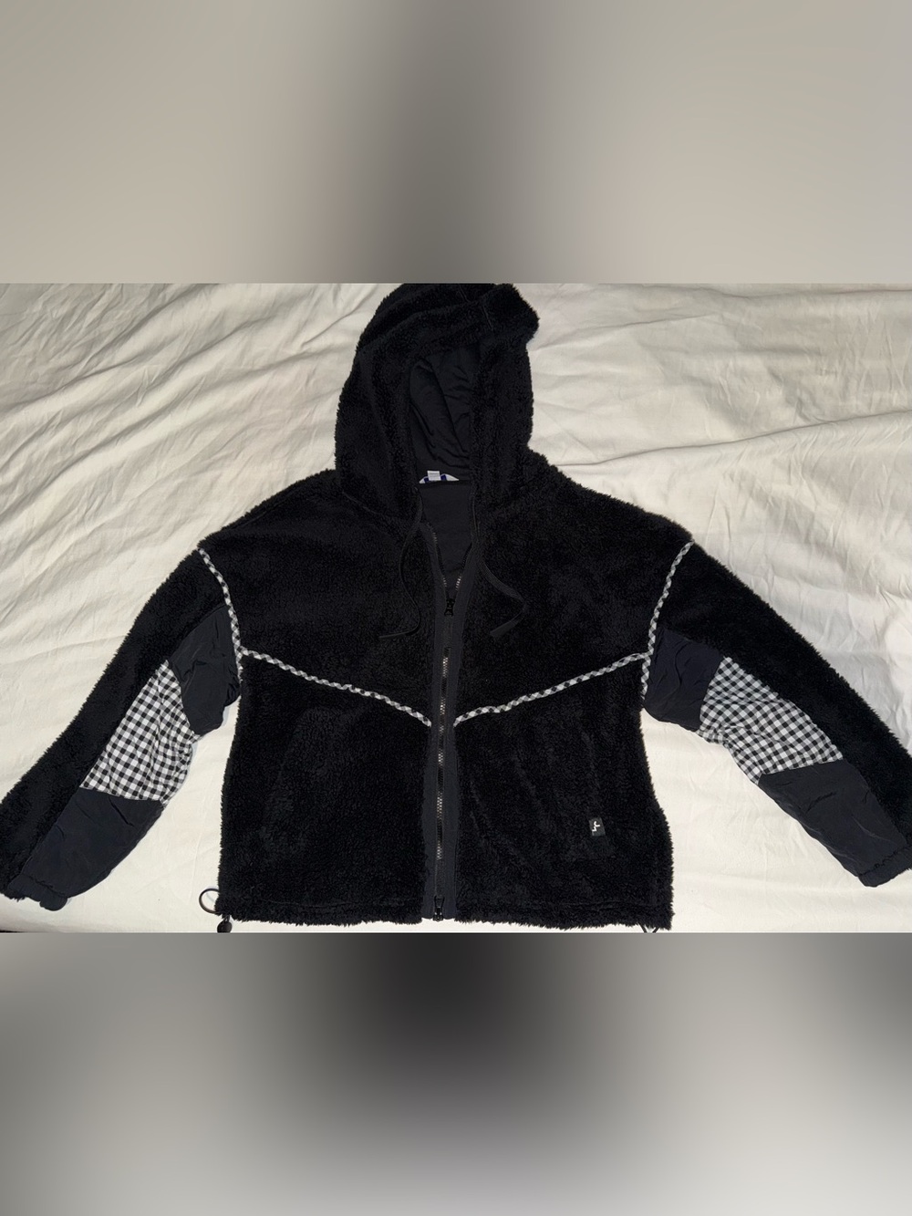 JoyLab Black Sherpa Zip Hoodie with Gingham Sleeve Panels